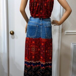 Upcycled 2 piece Maxi Skirt & Top (A marriage of a  Sz. S Jean to a Rayon Skirt)